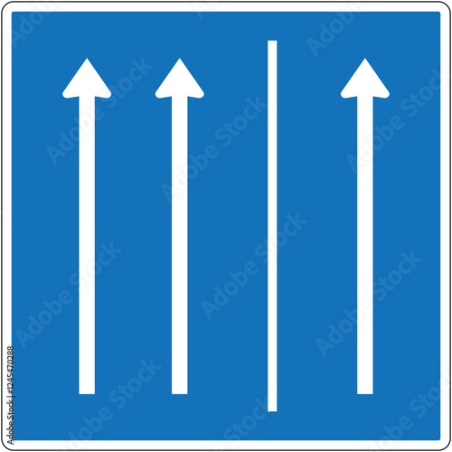 Road sign indicating three lanes going in same forward direction on blue background