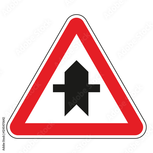 Red and white triangular warning road sign indicating a side road joining from the left