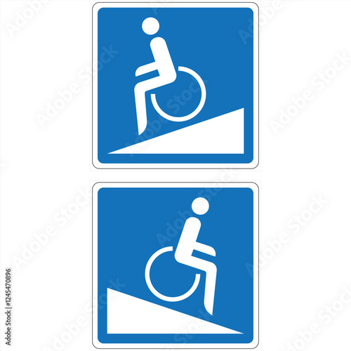 Two blue and white square accessibility signs featuring the international symbol of access (isa) using a ramp