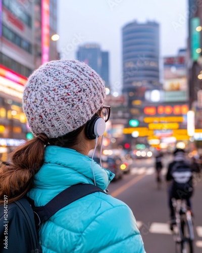 Urban Micromobility in Seoul Young Woman on Folding E-Bike with Reflective Gear and Tech Gadgets - Enhancing Sustainable Commuter Solutions and Smart City Design photo