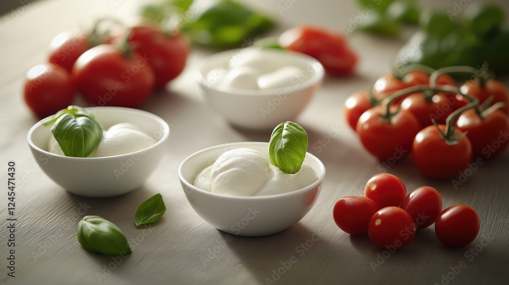 Traditional Mozzarella cheese with fresh basil leaves and tomatoes on white background Traditional Mozzarella cheese with fresh basil leaves and tomatoes on white background