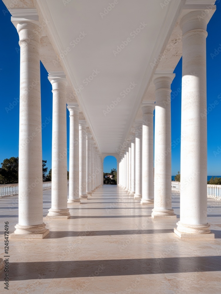 Fototapeta premium Contemporary Neo-Classical Architecture Sunlit Marble Corridor with Pillars - Premium Design Content for Sustainable Real Estate and Elegant Urban Planning