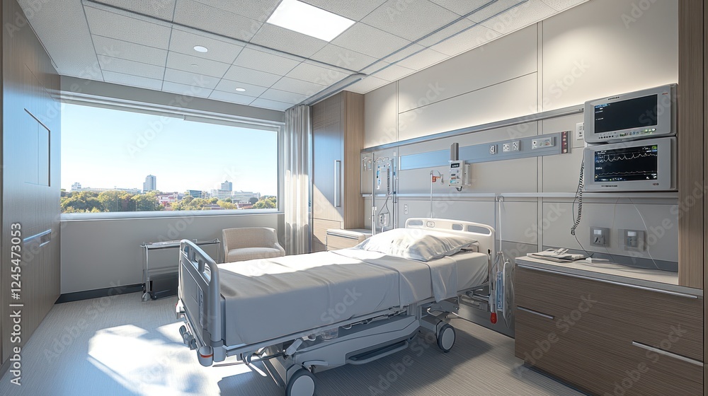 Fototapeta premium Sunny hospital room with bed, city view.