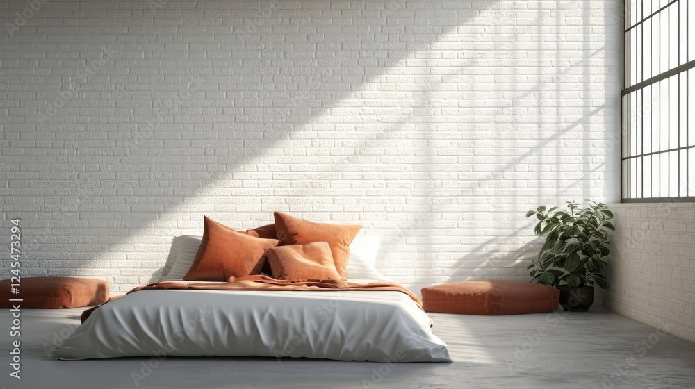 Minimalist bedroom, low platform bed with orange pillows and a potted plant in sunlight from windows