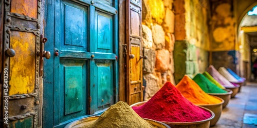 Colorful Doors of Jerusalem's Bazaar: Minimalist Isolated Powder Photography photo