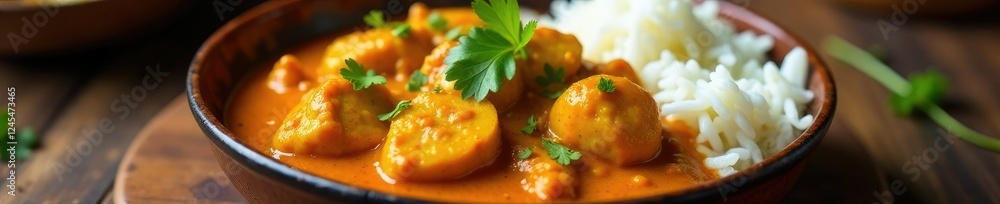 Tasty butter chicken in a shallow dish with basmati rice, flavorful, Indian cuisine Tasty butter chicken in a shallow dish with basmati rice, flavorful, Indian cuisine