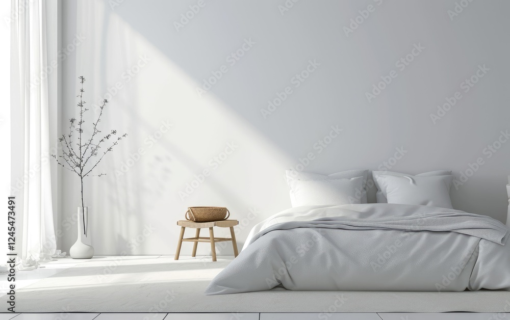 Serene minimalist bedroom with a white bed, simple wooden stool, and branch in a vase.