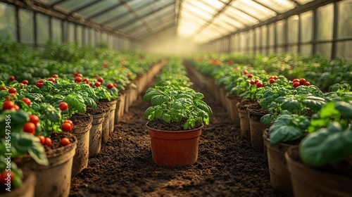 Wallpaper Mural Lush greenhouse filled with vibrant tomato plants and rich soil under soft morning light Torontodigital.ca