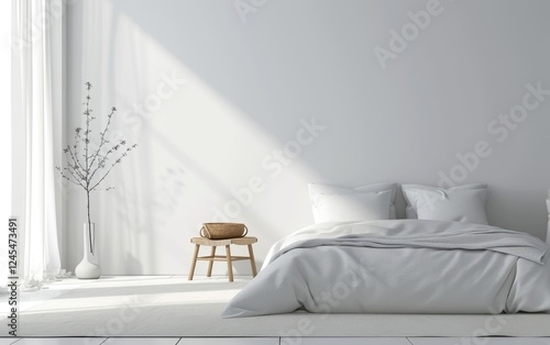 Obraz na płótnie Serene minimalist bedroom with a white bed, simple wooden stool, and branch in a vase. w salonie