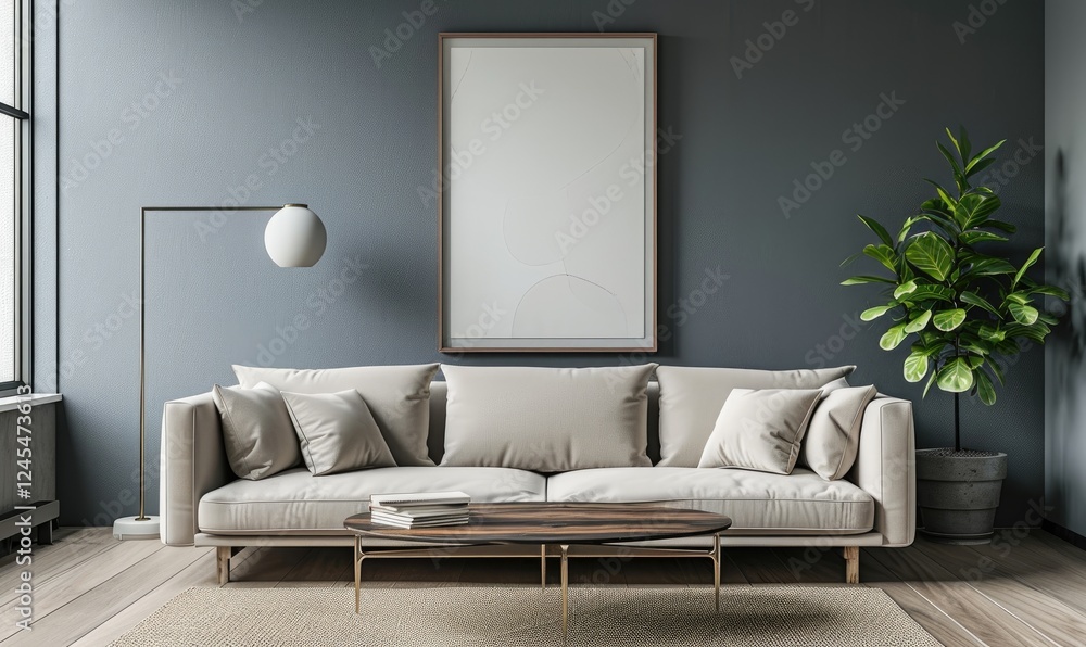 Modern living room interior, Beige sofa near stylish lamp and wooden coffee table, and a large abstract painting on a grey wall.