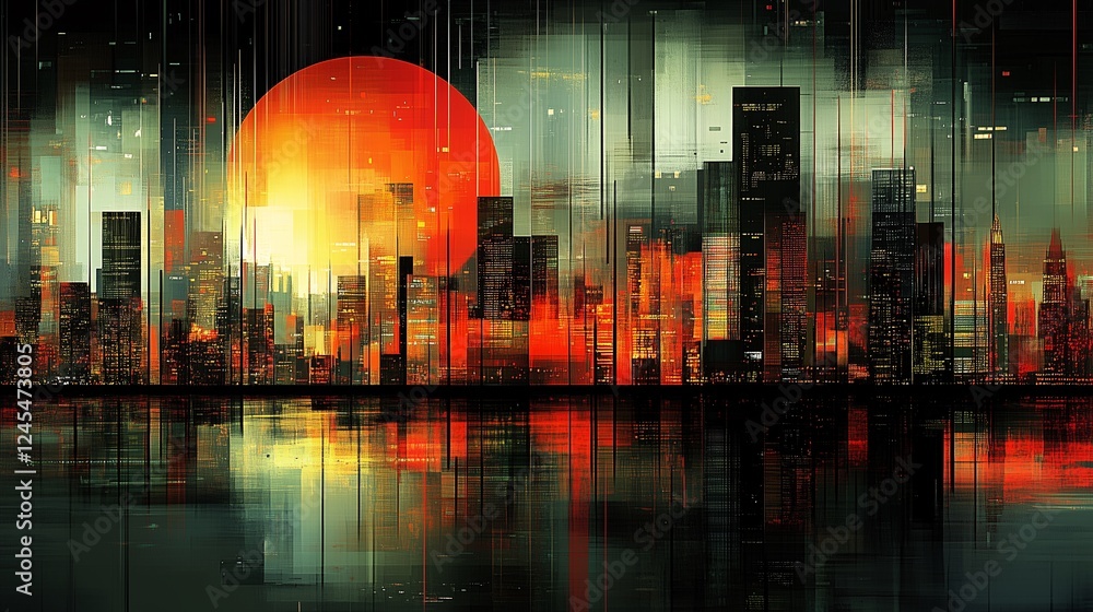 Obraz premium Futuristic Cityscape with Red Sun