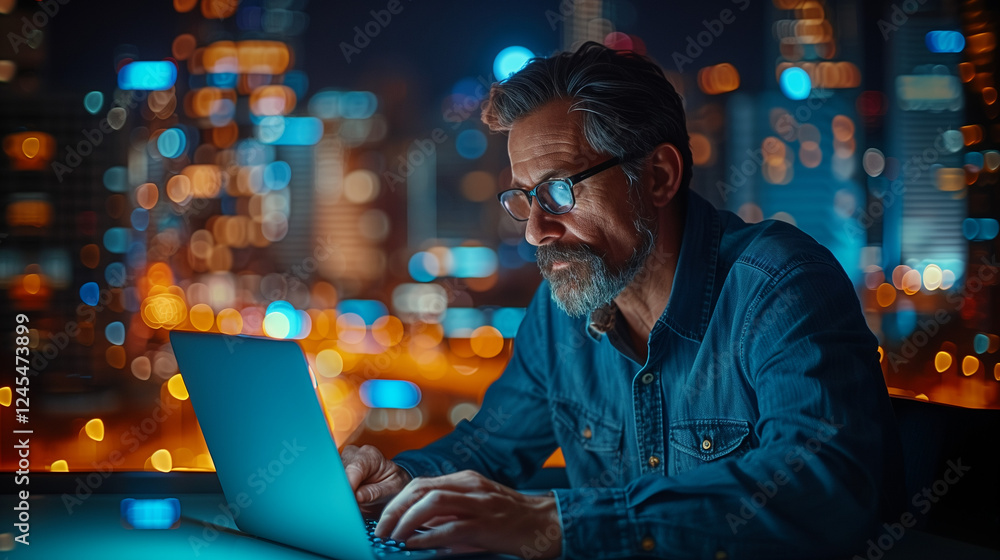 A hyperrealistic, medium-close portrait of a mature businessman in a dark navy suit, sitting at a glass-topped desk in a high-rise office with panoramic city views, working on his laptop. A hyperrealistic, medium-close portrait of a mature businessman in a dark navy suit, sitting at a glass-topped desk in a high-rise office with panoramic city views, working on his laptop.