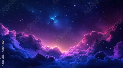 Fototapeta Naklejka Na Ścianę i Meble -  Dreamy cosmic night sky with glowing purple clouds and twinkling stars