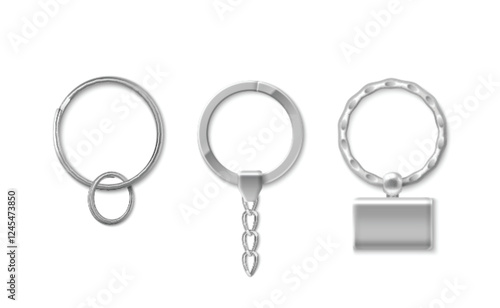 Key chain ring set of metallic accessories - double circle holder, pendant with decorative chain link, textured band with rectangular plate. Silver mockup collection for brand identity design.