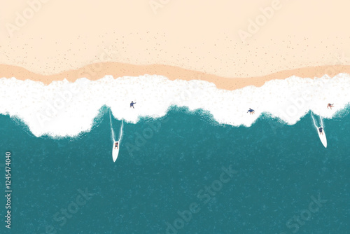 A beach scene with surfers riding waves in the ocean