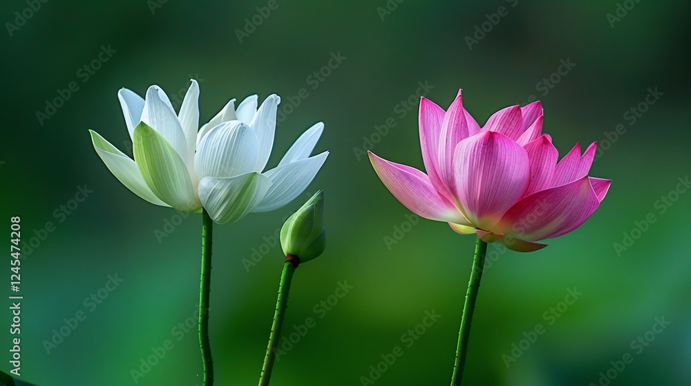 Fototapeta premium Serene Lotus Blossoms: A Study in Pink and White