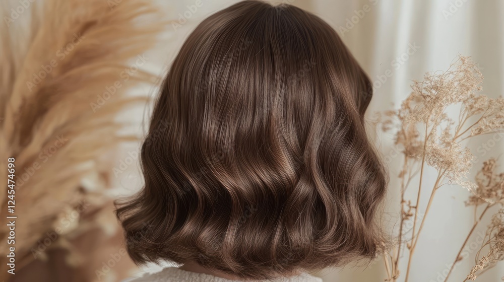 Brown Wavy Bob Hairstyle with Dried Flowers Brown Wavy Bob Hairstyle with Dried Flowers
