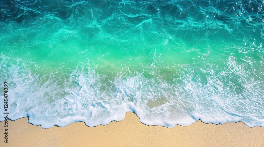 Tropical beach shoreline with turquoise ocean waves and golden sand Tropical beach shoreline with turquoise ocean waves and golden sand