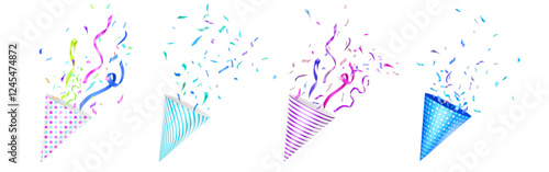 Party confetti poppers set - paper cone containers with bursting ribbons, streamers and dots. Celebration devices releasing colorful decoration elements for birthdays and festivals greeting design.