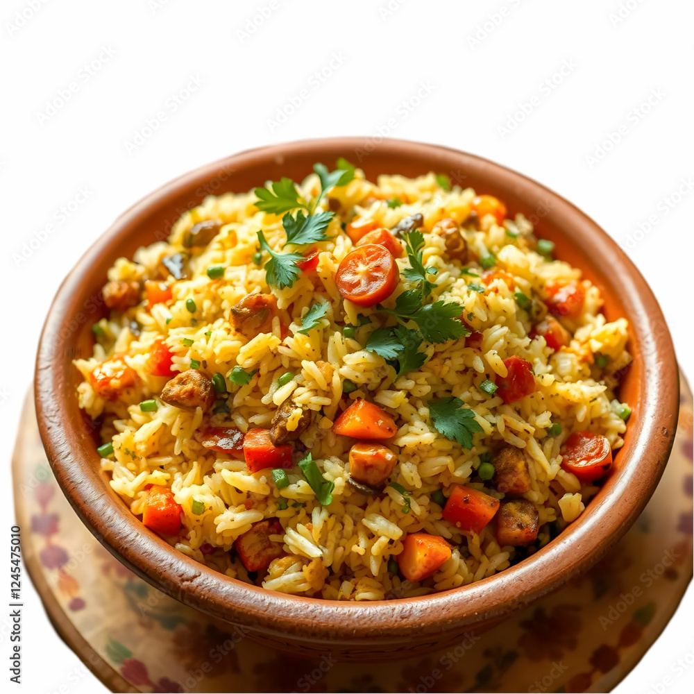 Tasty vegetable pulav or veg biryani made using basmati rice and served in a terracotta or ceramic bowl Tasty vegetable pulav or veg biryani made using basmati rice and served in a terracotta or ceramic bowl