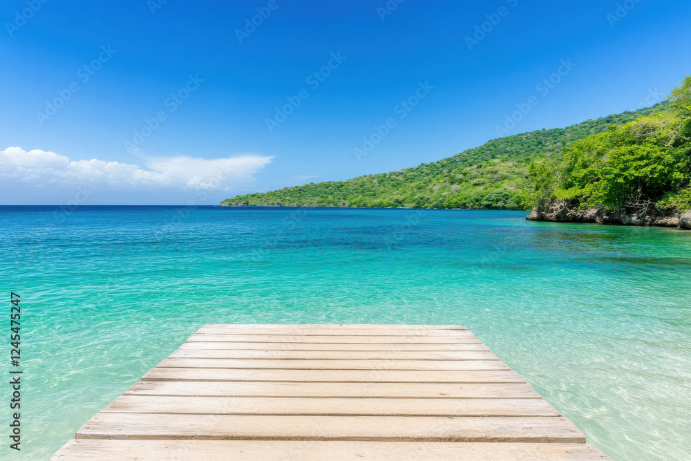A wooden pier is in front of a beautiful blue ocean A wooden pier is in front of a beautiful blue ocean