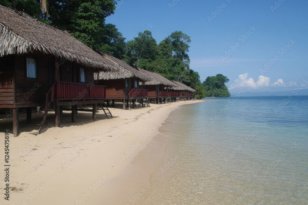 A beach with a row of wooden cabins on the sand A beach with a row of wooden cabins on the sand