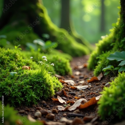 Mossy forest floor with ferns and wild garlic, leaf litter, moss, ferns photo