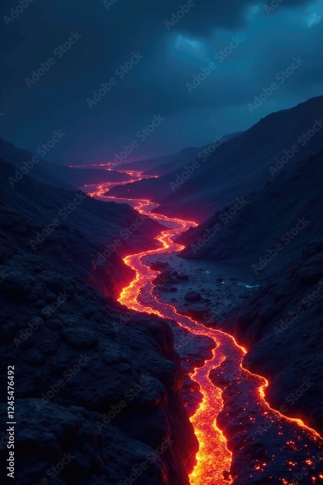 Fototapeta premium Molten lava flows beneath a deep blue sky on a dark background, fiery depths, volcanic landscape