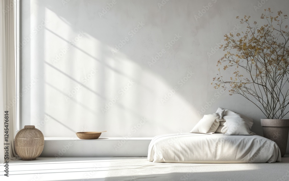 Cozy bedroom interior with a simple bed with cream bedding near dried flowers in a pot on a concrete white wall