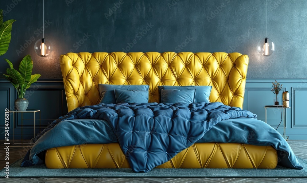 Luxurious Scandinavian modern bedroom with a stylish yellow leather bed tufted with blue bedding in a dark wall background. Bedroom Interior Design