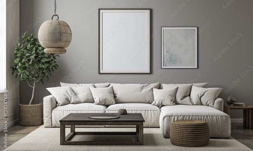 Light ivory sectional sofa and natural wooden table near wicker seat on grey wall. Modern living room