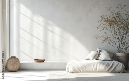 Obraz na płótnie Cozy bedroom interior with a simple bed with cream bedding near dried flowers in a pot on a concrete white wall w salonie