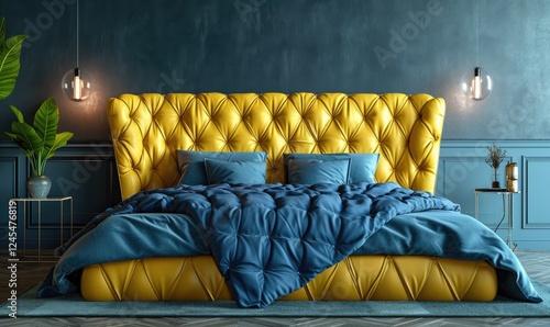 Obraz na płótnie Luxurious Scandinavian modern bedroom with a stylish yellow leather bed tufted with blue bedding in a dark wall background. Bedroom Interior Design w salonie