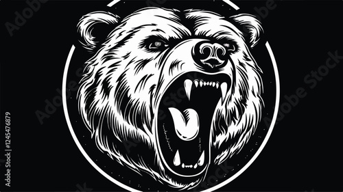 Grayscale vector art of a roaring bear head, intended to be submitted as a stock animal illustration.