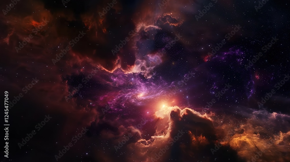 Fototapeta premium A breathtaking cosmic spiral galaxy adorned with glowing stars and magnificent nebulae in the vast expanse of deep space. The celestial beauty showcases the wonders of the universe, with the spiral 