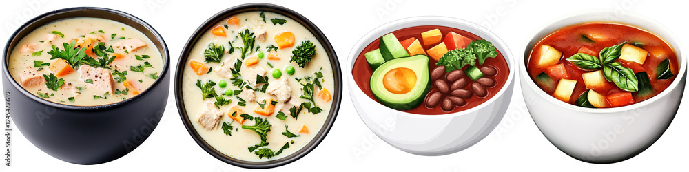 Gluten ingredients and digestive, A collection of four bowls of soup, showcasing different types, colors, and ingredients, highlighting a variety of textures and garnishes. Gluten ingredients and digestive, A collection of four bowls of soup, showcasing different types, colors, and ingredients, highlighting a variety of textures and garnishes.