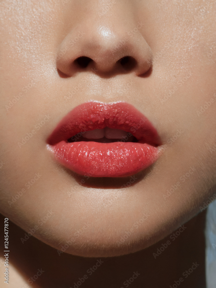 Obraz premium Close-up of lips with cherry red brown lipstick or lip gloss 