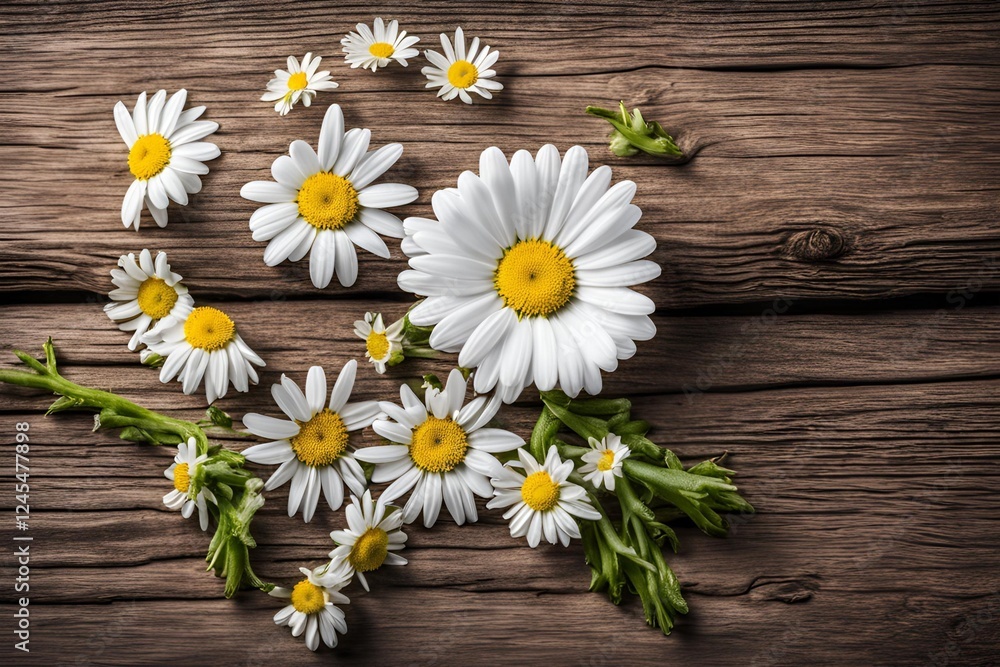 Fototapeta premium Fresh spring daisy flower on rustic wood. 