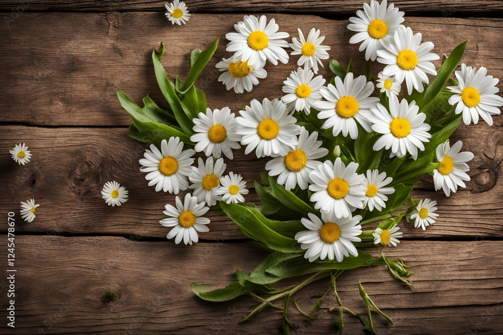 Fototapeta premium Fresh spring daisy flower on rustic wood. 