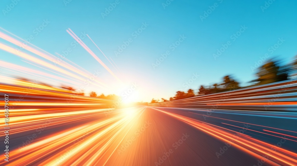 Dynamic Motorsport Aesthetic Sunrise Racetrack with Blurred High-Speed Car and Metal Barriers - Vibrant Visuals for Automotive Marketing and Event Promotion Dynamic Motorsport Aesthetic Sunrise Racetrack with Blurred High-Speed Car and Metal Barriers - Vibrant Visuals for Automotive Marketing and Event Promotion