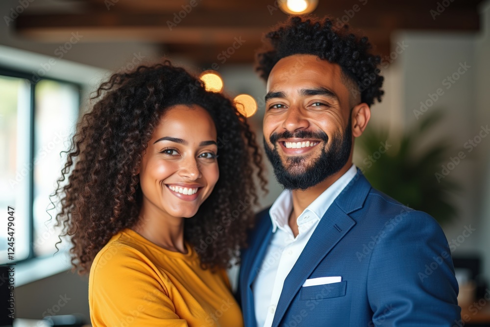 A Confident Young Couple Smiling Together in a Modern Indoor Setting, Showcasing Their Joy and Connection Amidst a Bright and Inviting Atmosphere A Confident Young Couple Smiling Together in a Modern Indoor Setting, Showcasing Their Joy and Connection Amidst a Bright and Inviting Atmosphere