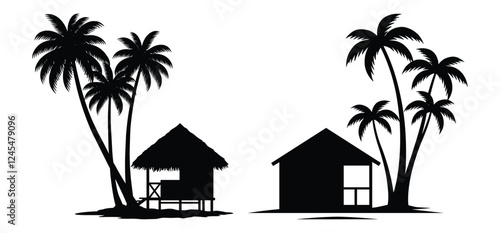  Summer Beach hut palm tree vector silhouette with white background 
 
