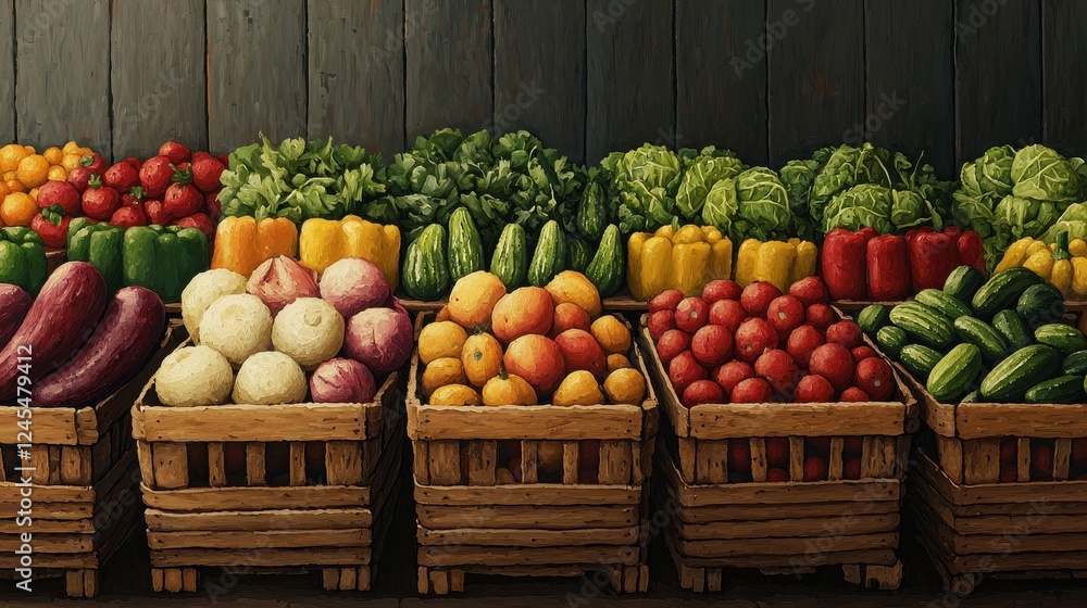 Fresh Organic Vegetables Displayed in Wooden Baskets at Market Fresh Organic Vegetables Displayed in Wooden Baskets at Market