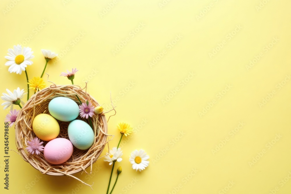 Colorful eggs resting in a straw nest with flowers decorating the vibrant yellow background, highlighting a joyful spring atmosphere Colorful eggs resting in a straw nest with flowers decorating the vibrant yellow background, highlighting a joyful spring atmosphere
