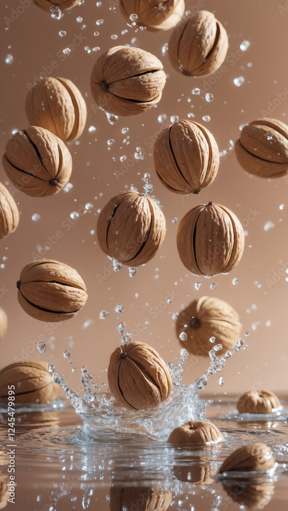 Fototapeta premium Fresh walnuts splashing into water, creating a vibrant, refreshing scene.
