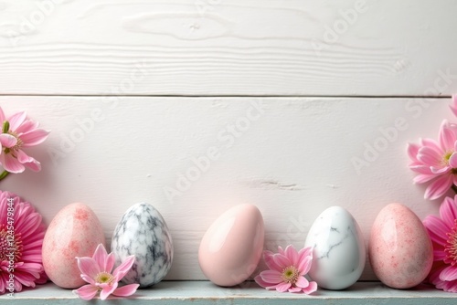 Pastel-colored decorative eggs are artfully displayed alongside pink flowers against a rustic wooden background, celebrating spring photo