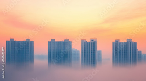 Wallpaper Mural The Impact of PM 2.5 on Health and Environment Themed, Majestic city skyline at sunrise with buildings shrouded in fog Torontodigital.ca