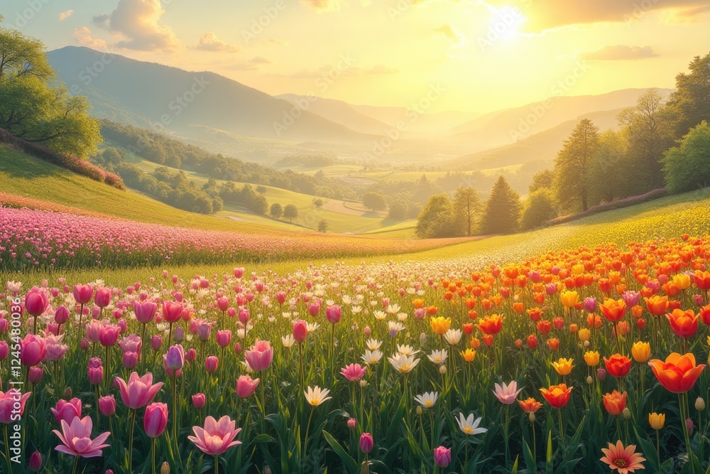 Obraz premium Colorful tulip fields stretch across the valley as the sun sets, creating a breathtaking landscape filled with blossoms and greenery