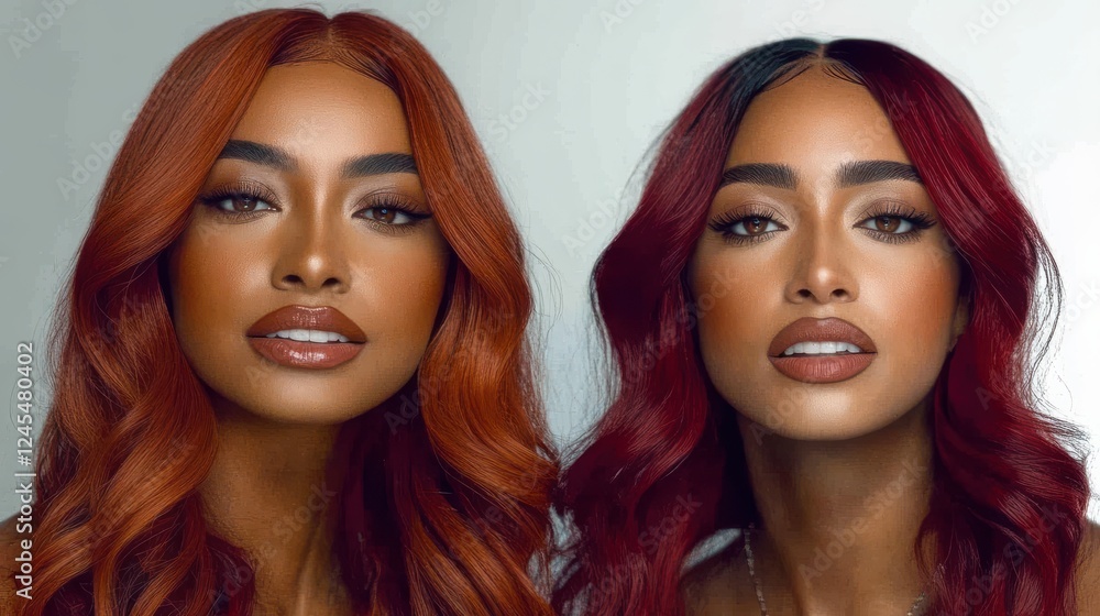Obraz premium Two glamorous women flaunt their striking hairstyles, showcasing vibrant colors and styles, emphasizing individuality and modern beauty expressions in a sleek setting.