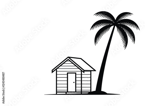  Summer Beach hut palm tree vector silhouette with white background 
 